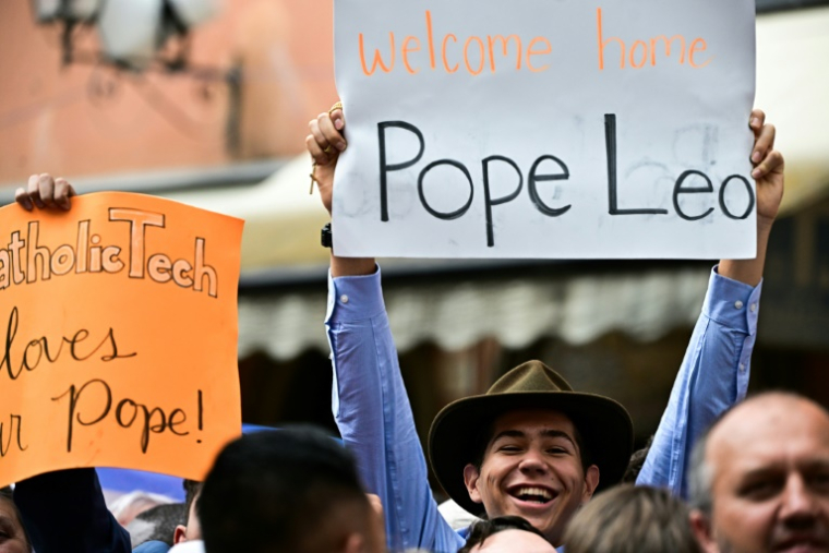 Un fidèle tient une pancarte tandis que le pape Léon XIV s'adresse à la foule pour la prière de l'Angélus sur la Piazza della Liberta (place de la Liberté) devant le palais apostolique à Castel Gandolfo, à 40 km au sud-est de Rome, le 13 juillet 2025. ( POOL / Tiziana FABI )
