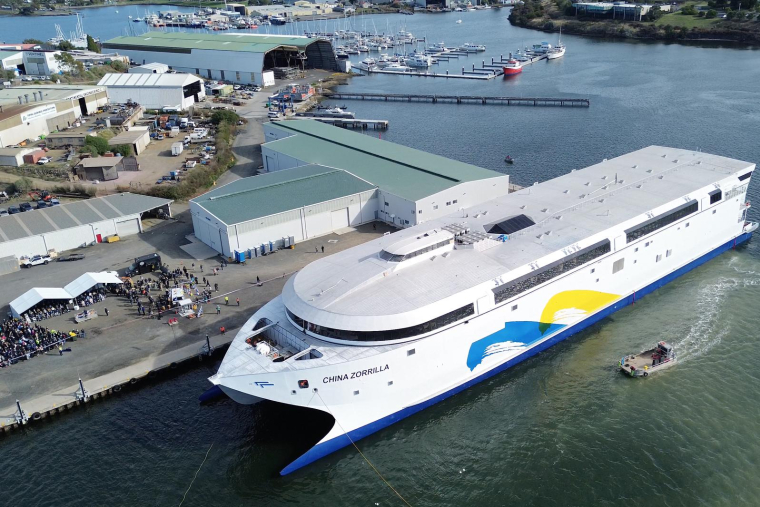 Le navire Hull 096 à Hobart, en Australie, le 2 mai 2025. ( Incat Tasmania / Handout )