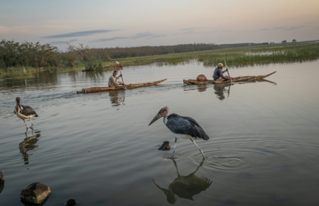 Des pêcheurs partent à l'aube à bord de pirogues traditionnelles sur le lac Dembel, l'un des lacs de la vallée du Rift central en Éthiopie, longtemps touché par la surexploitation et la pollution, le 20 mai 2025 à Batu  ( AFP / Marco Simoncelli )