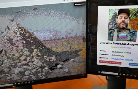 La fresque présente les photos de soldats, intégrées dans une reproduction du tableau "L'apothéose de la guerre", de Vassili Verechtchaguine ( AFP / - )