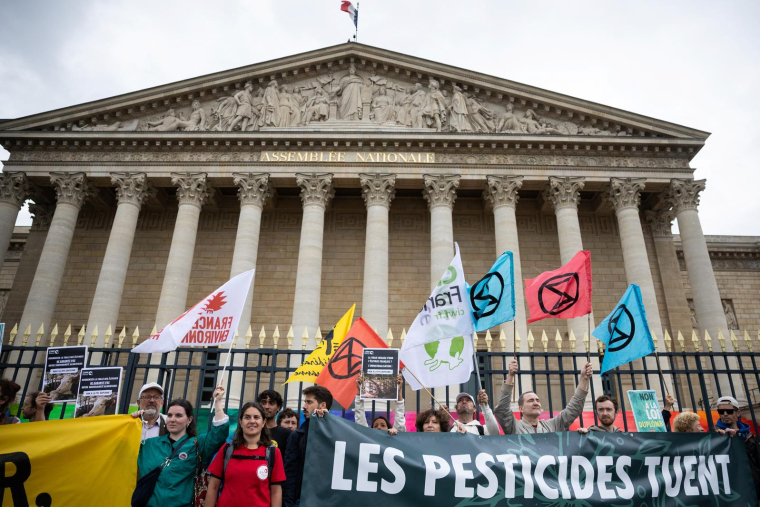 Des manifestants brandissent une pancarte sur laquelle est écrit "les pesticides tuent" devant l'Assemblée nationale à Paris, le 27 mai 2025. ( AFP / LEO VIGNAL )