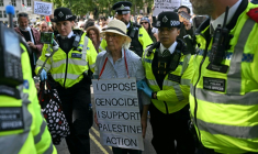 Un manifestant arrêté lors d'un rassemblement de soutien au groupe Palestine Action à Londres le 6 septembre 2025 ( AFP / JUSTIN TALLIS )