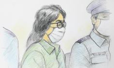 Ce croquis d'audience réalisé par Masato Yamashita le 30 septembre 2020 montre Takahiro Shiraishi, lors de son premier procès au tribunal de district de Tachikawa à Tokyo ( JIJI PRESS / Masato YAMASHITA )