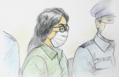 Ce croquis d'audience réalisé par Masato Yamashita le 30 septembre 2020 montre Takahiro Shiraishi, lors de son premier procès au tribunal de district de Tachikawa à Tokyo ( JIJI PRESS / Masato YAMASHITA )