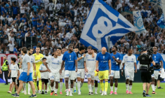 Les Marseillais, vainqueurs de Strasbourg en ouverture du championnat, le 21 août 2026 au stade Vélodrome, ont eu un tirage corsé pour la Ligue Europa ( AFP / Pascal POCHARD-CASABIANCA )