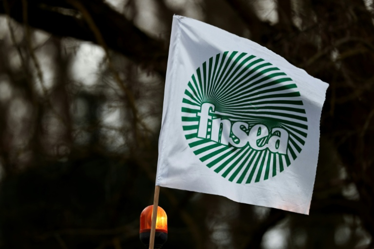 Drapeau FNSEA lors d'un rassemblement à Chambly, dans l'Oise, à 70 km au nord de Paris, le 29 janvier 2024. ( AFP / Sameer Al-Doumy )