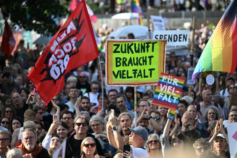 Une pancarte "l'avenir a besoin de diversité" brandie lors d'une manifestation contre l'extrême droite, à Berlin le 12 septembre 2026 ( AFP / RALF HIRSCHBERGER )