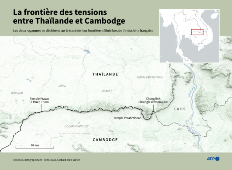 Carte montrant une partie de la frontière entre la Thaïlande et le Cambodge, qui se déchirent sur le tracé défini lors de l’Indochine française ( AFP / John SAEKI )