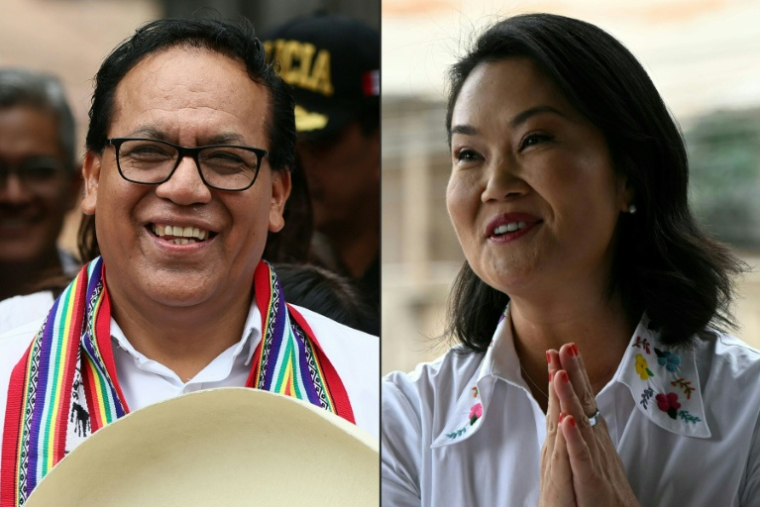 Cette combinaison d'images réalisée le 7 juin 2026 montre les candidats Roberto Sanchez, à gauche et à sa droite  et Keiko Fujimori, qui s'affrontent pour la présidence du Pérou ( AFP / Connie FRANCE )