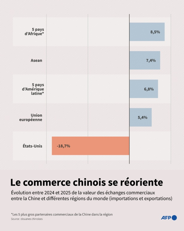 Evolution entre 2024 et 2025 du commerce de la Chine avec l'Asean, les Etats-Unis, les 5 principaux partenaires de la Chine en Afrique, les 5 principaux partenaires de la Chine en Amérique latine et l'Union europénne, selon les données des douanes chinoises ( AFP / Nicholas SHEARMAN )