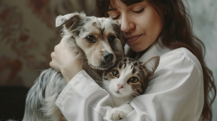 Les chiens, plus d&eacute;monstratifs, offrent une interaction &eacute;motionnelle proche de celle d&rsquo;un enfant. Les chats, plus ind&eacute;pendants, demandent parfois une forme d&rsquo;attachement o&ugrave; le propri&eacute;taire interpr&egrave;te leurs signes d&rsquo;affection. (cr&eacute;dit: Adobe Stock/photo g&eacute;n&eacute;r&eacute;e par IA)