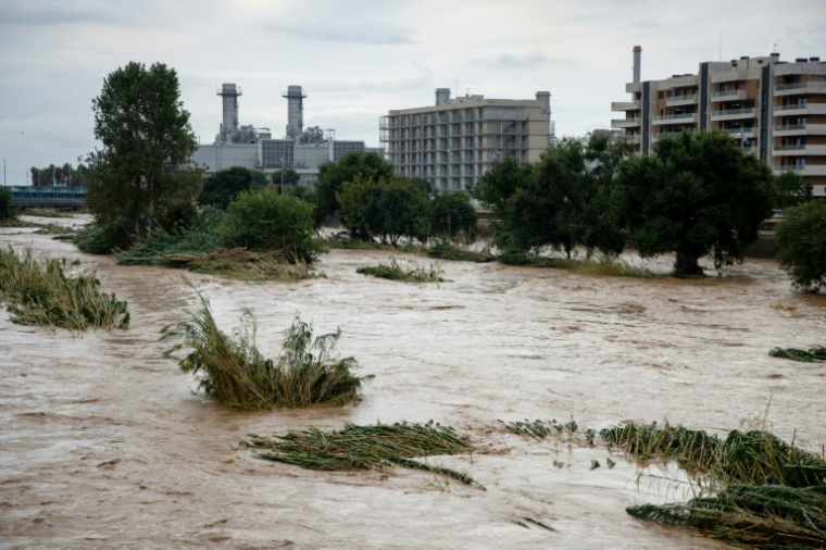 Le fleuve Besòs gonflé par des pluies torrentielles, le 4 octobre 2026 à Sant Adrià de Besòs, en périphérie de Barcelone  ( AFP / Josep LAGO )
