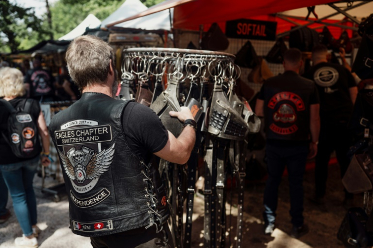 Un motard porte un blouson en cuir Harley-Davidson lors du festival Harley-Davidson Euro 2025 près de Grimaud, le 9 mai 2025 dans le Var ( AFP / Frederic DIDES )