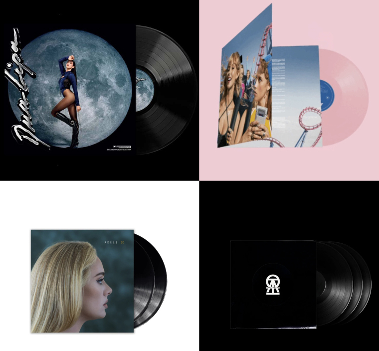 Vinyles grand retour : Zoom sur un phénomène à l'heure du tout numérique (Source : Vinyles de Dua Lipa (dualipa.com), Angèle (angele.store), Damso (qalfinity.store), Adèle (ukshop.adele.com)