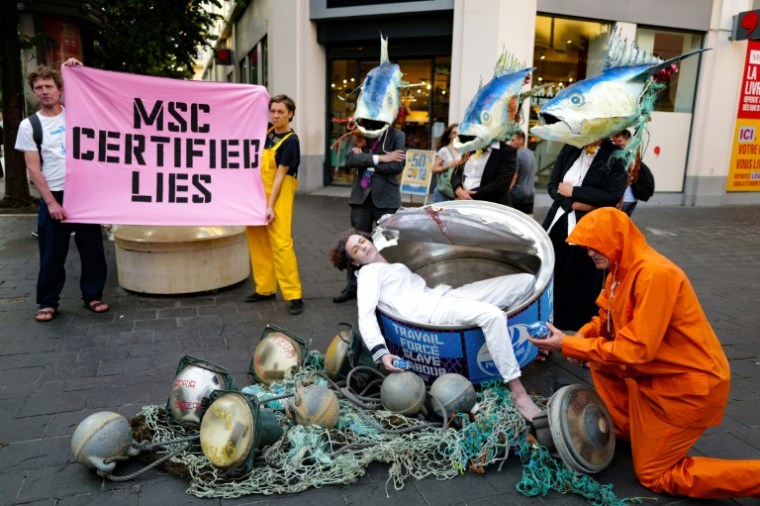 Manifestation de l'ONG Ocean Rebellion à Nice (France) pour dénoncer les labels de certification du thon, le 8 juin 2025 avant le Sommet des Océans ( AFP / Valery HACHE )