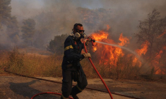 Un pompier tente d'éteindre un feu de forêt à Grammatiko, près d'Athène
