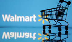 Illustration d'un caddie devant le logo Walmart