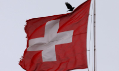 Un oiseau se pose sur un drapeau national suisse à Zurich