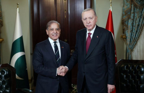 Turkey’s President Erdogan shakes hands with Pakistan's PM Sharif before their meeting in Istanbul