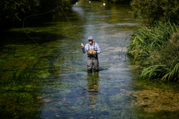 Bob Wellard, directeur de la Piscatorial Society, pêche à la mouche le 25 août 2026 dans la rivière Itchen, en Angleterre ( AFP / JUSTIN TALLIS )