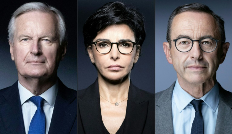 L'ancien Premier ministre Michel Barnier, la ministre de la Culture et maire du VIIe arrondissement de Paris Rachida Dati et le patron du parti LR Bruno Retailleau - photomontage ( AFP / JOEL SAGET )