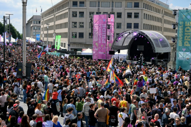 Des participants à la marche des fiertés à Bruxelles, le 17 mai 2025 ( AFP / Nicolas TUCAT )