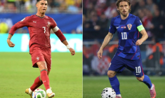 L'attaquant portugais Cristiano Ronaldo (g.), à Miami, le 27 juin 2026, et le milieu de terrain croate Luka Modric (d.), à Zagreb, le 12 octobre 2025 ( AFP / ROBERTO SCHMIDT )