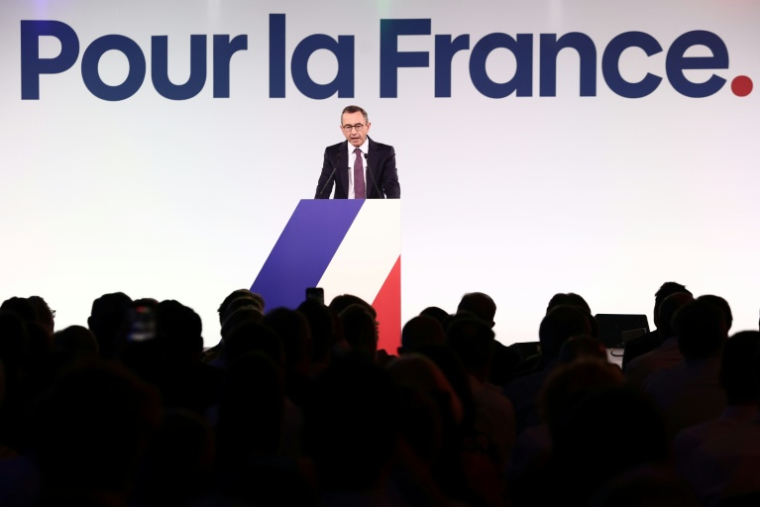 Le président de LR et candidat à la présidentielle, Bruno Retailleau lors du meeting de lancement de sa campagne au Parc Floral de Paris, le 20 juin 2026 ( AFP / Guillaume BAPTISTE )
