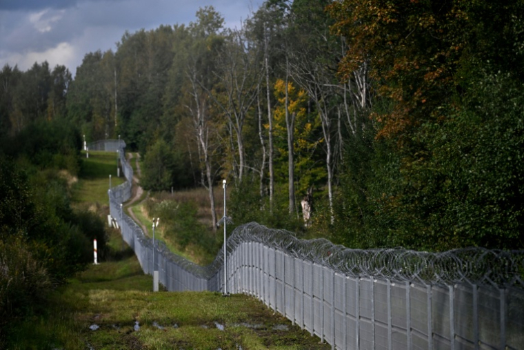 Une clôture frontalière surmontée de barbelés le long de la frontière polono-lituanienne avec l'enclave russe de Kaliningrad, près du village de Grzybina, dans la voïvodie de Podlachie, à proximité du corridor de Suwalki, le 26 septembre 2026.Le corridor de Suwalki est un tronçon de 104 kilomètres situé à la frontière entre la Pologne et la Lituanie, constituant la seule liaison terrestre entre les États baltes et le reste de l'Otan, tout en séparant le Bélarus de l'enclave russe de Kaliningrad. ( AFP / Sergei GAPON )