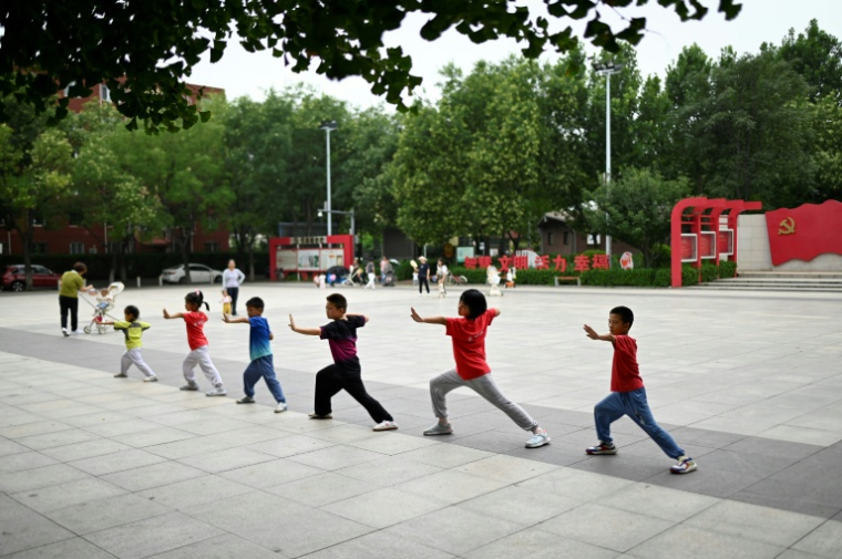Des enfants pratiquent les arts martiaux chinois sur une place à Pékin, le 16 juillet 2025 ( AFP / WANG Zhao )