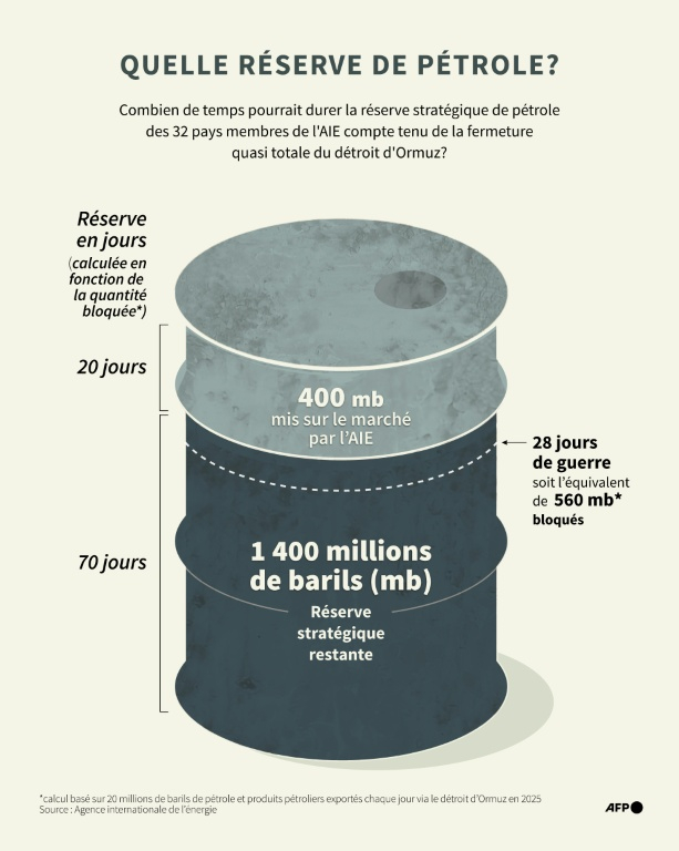 Estimation de la quantité restante de réserve stratégique de pétrole des 32 pays membres de l'Agence internationale de l'énergie, à la suite de la quasi fermeture du détroit d'Ormuz depuis le début de la guerre au Moyen-Orient ( AFP / Jonathan WALTER )
