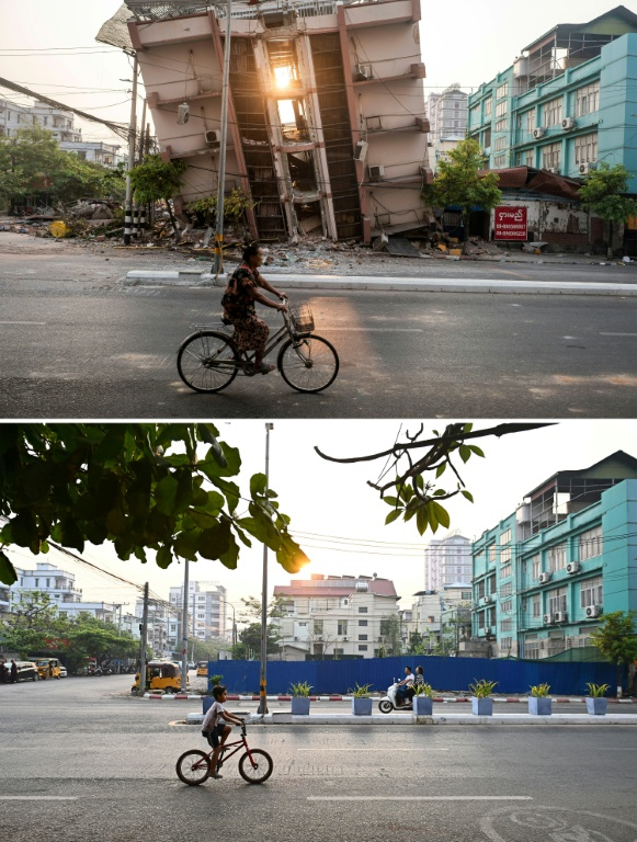 Cette combinaison de photos montre une personne passant devant un bâtiment endommagé à Mandalay le 1er avril 2025 (haut) et une personne à vélo au même endroit le 19 mars 2026 (bas) ( AFP / Sai Aung MAIN )