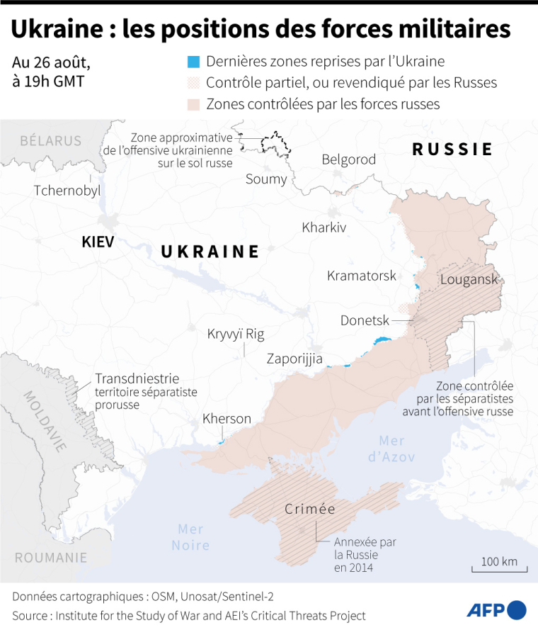 Carte des zones contrôlées par les forces ukrainiennes et russes en Ukraine au 26 août 2024 à 19h GMT ( AFP / Valentin RAKOVSKY )