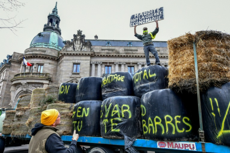 Un manifestant sur un mur de paille pourrie devant la mairie de Limoges, le 17 décembre 2025 ( AFP / Pascal LACHENAUD )