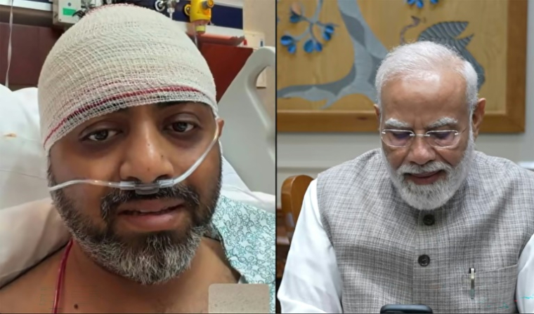 Capture d'écran, tirée d'une vidéo publiée le 2 octobre 2026 sur la chaîne YouTube de Narendra Modi, montrant le Premier ministre indien Narendra Modi (à droite) en train de s'entretenir par appel vidéo avec Smit Machchhar, pilote de la compagnie flydubai en convalescence dans un hôpital aux Émirats arabes unis ( NARENDRA MODI YOUTUBE CHANNEL / - )