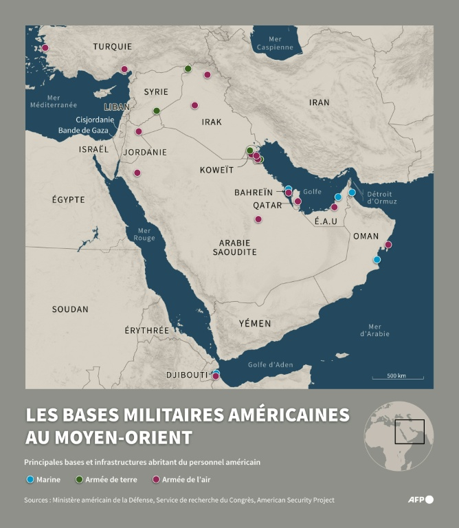 Carte du Moyen-Orient montrant les principales bases militaires et infrastructures où se trouve du personnel américain, classées par branche - armée de terre, de l'air et marine  ( AFP / Jonathan WALTER )