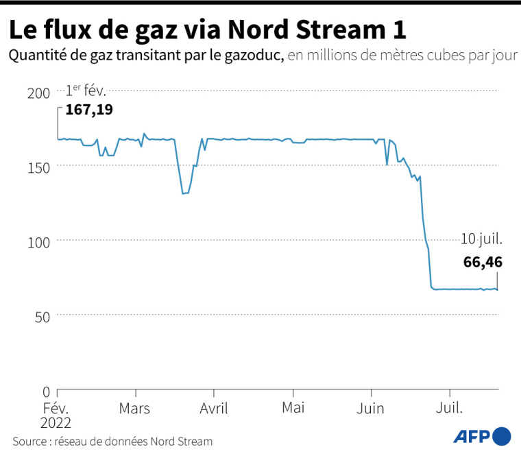 Graphique montrant le flux de gaz naturel de Nord Stream 1, en millions de mètres cubes par jour du 1er février au 10 juillet 2022 ( AFP / )