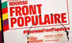 Le logo du Nouveau Front Populaire avant une conférence de presse