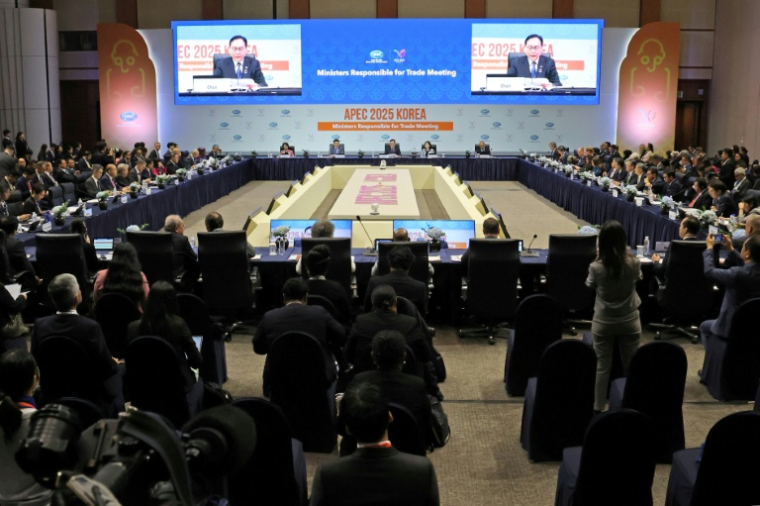 Le ministre sud-coréen du commerce Cheong In-kyo (à l'écran) fait un discours lors de l'ouverture de l'APEC à Jeju en Corée du sud le 15 mai 2025 ( YONHAP / - )
