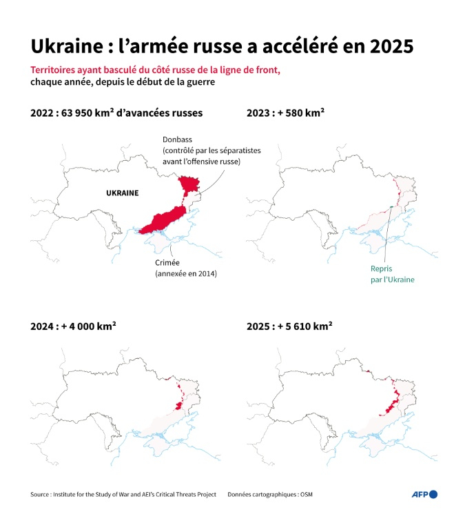 Cartes de l'Ukraine montrant les territoires supplémentaires occupés chaque année par l'armée russe, de 2022 à 2025 ( AFP / Valentin RAKOVSKY )