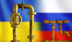 L'illustration montre un gazoduc, les drapeaux ukrainien et russe