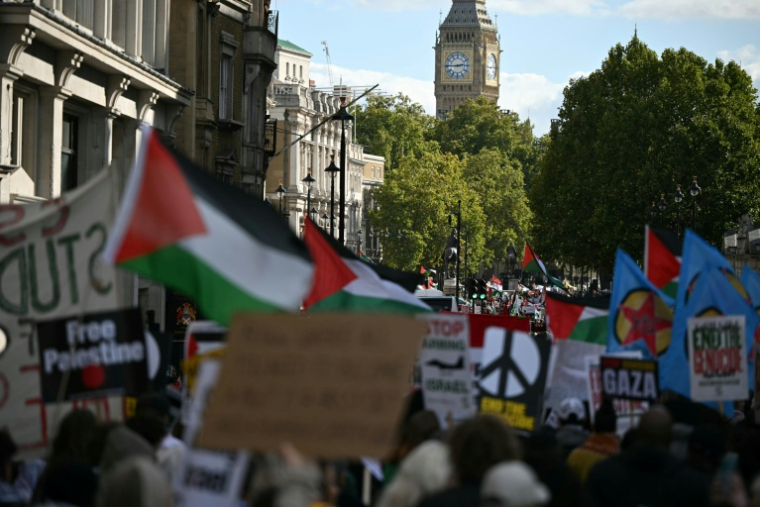 Marche de soutien aux Palestiniens organisée par le mouvement Palestine Solidarity, le 10 octobre 2026 à Londres   ( AFP / JUSTIN TALLIS )