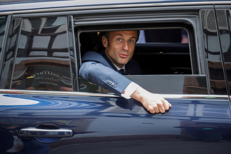 Emmanuel Macron, à Selestat, le 19 avril 2023 ( POOL / LUDOVIC MARIN )
