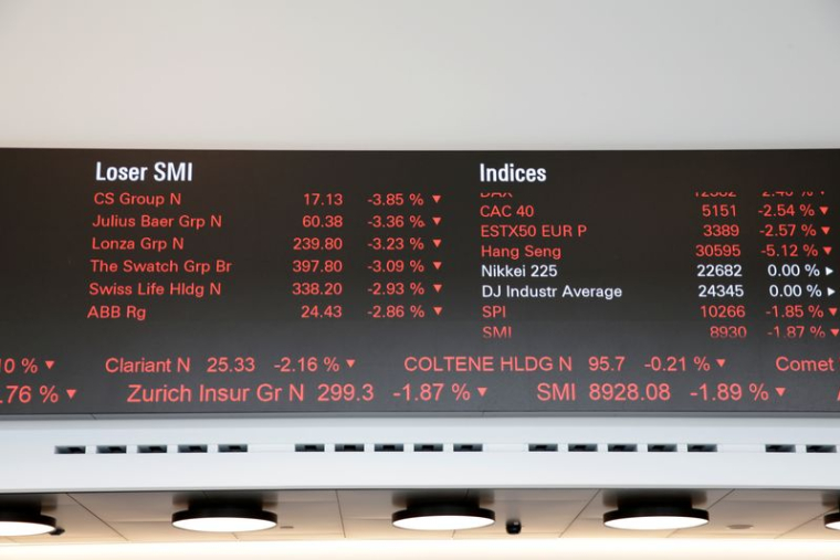 Un écran affiche les fluctuations des valeurs des cotations de l'indice du marché suisse (SMI) à la bourse suisse de Zurich