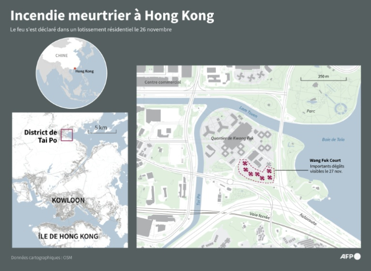 Cartes localisant la résidence du Wang Fuk Court dans le district de Tai Po à Hong Kong, où un incendie mortel s'est déclaré le 26 novembre ( AFP / John SAEKI )