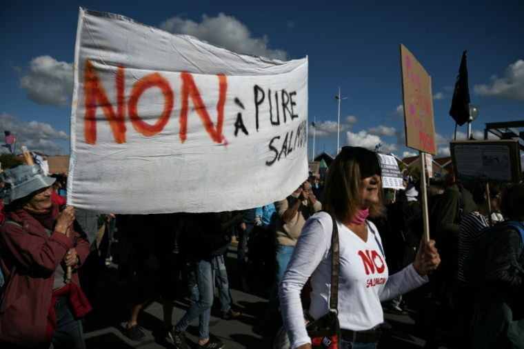 Manifestation contre le projet d’élevage industriel de saumons en milieu terrestre, le 18 octobre 2026 au Verdon-sur-Mer, en Gironde ( AFP / Philippe LOPEZ )