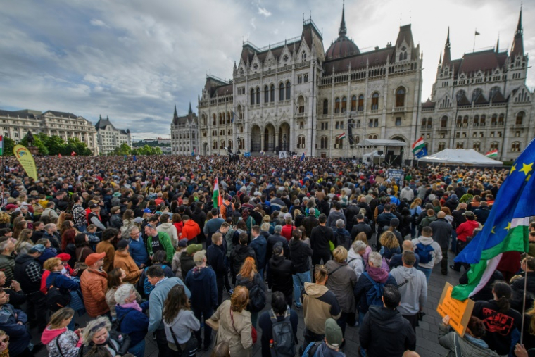 Des manifestants rassemblés devant le Parlement contre une loi ciblant ONG et médias indépendants, le 18 mai 2025 à Bucarest ( AFP / Ferenc ISZA )