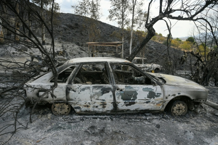 Une carcasse de voiture brûlée dans l'incendie qui a tué 12 personnes dans le sud de l'Espagne, le 12 juillet 2026 à Almocaizar, dans la province d'Almeria, en Andalousie ( AFP / Jose JORDAN )