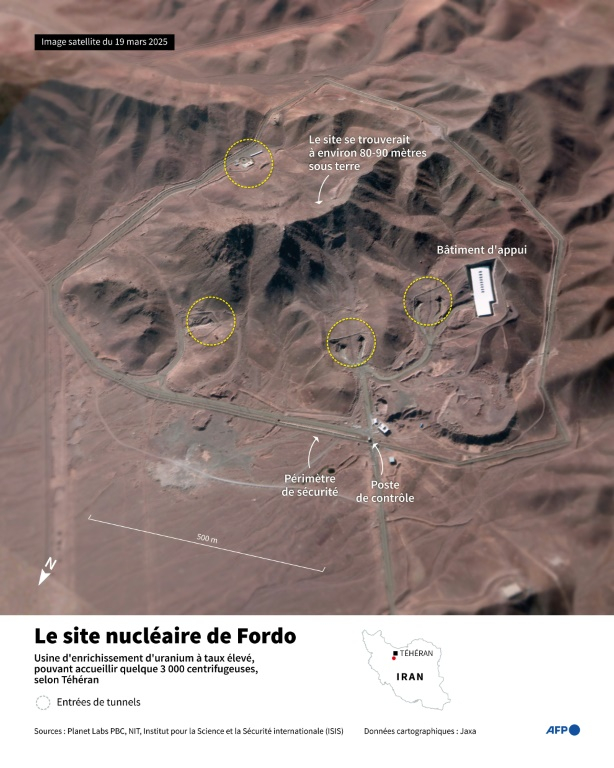 Image satellite de Planet Labs PBC du 19 mars 2025 montrant le site nucléaire souterrain de Fordo, en Iran ( AFP / Cléa PÉCULIER )