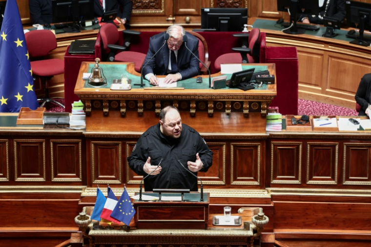 Ruslan Stefanchouk (C) s'exprime devant les sénateurs français, avec en arrière plan le président de la chambre haute Gérard Larcher, à Paris le 18 juin 2025 ( AFP / Thibaud MORITZ )